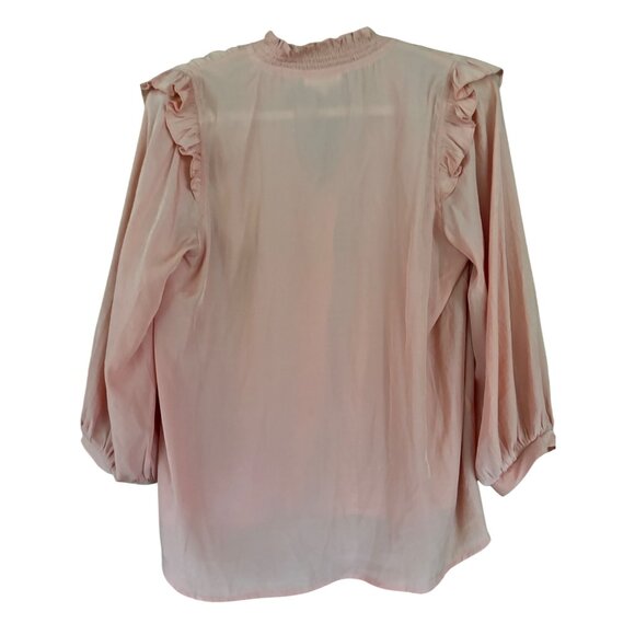 Anthropologie Peach Button-Up Blouse With Ruffle Trim & 3/4 Sleeves Lightweight - Picture 3 of 13